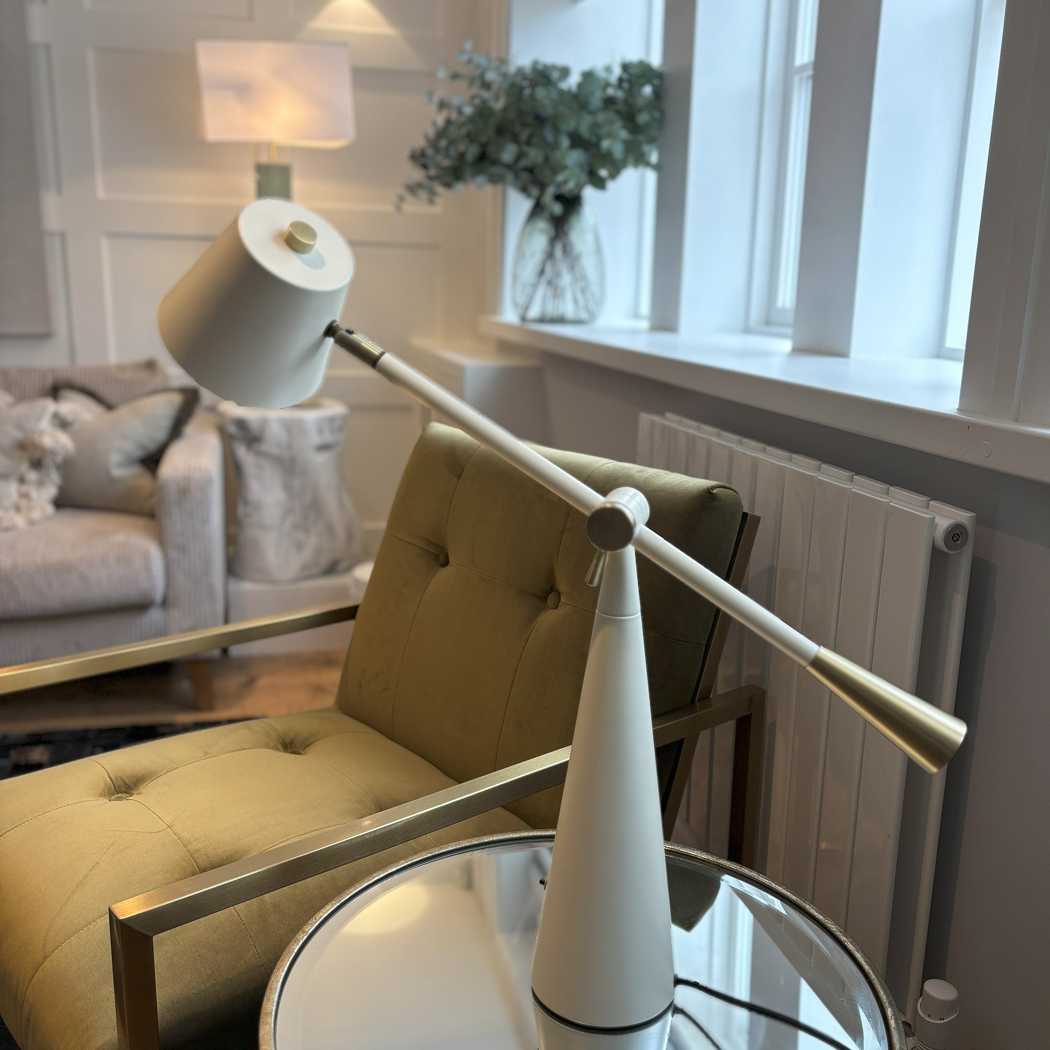 Pivoting Table Lamp in Cream and Antique Brass